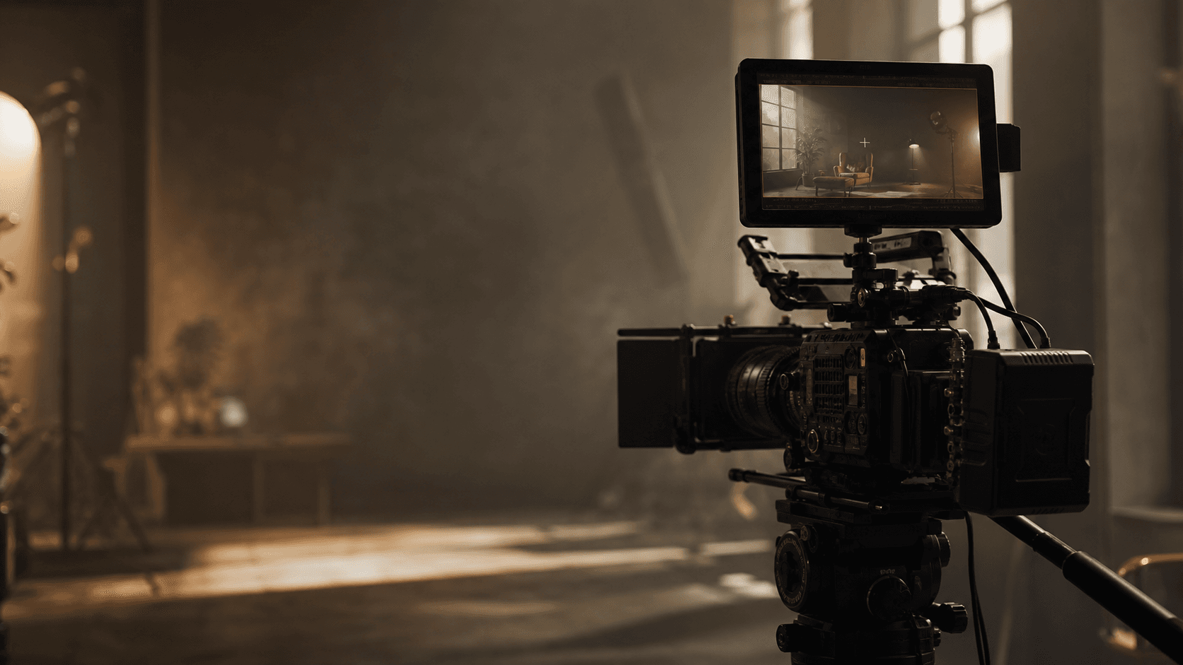 Cinema camera and production monitor on a refined studio set